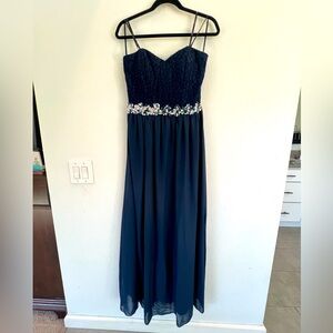 Navy blue strapless dress with embellishments